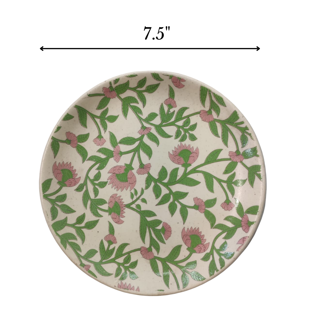 Ceramic Green Leaf Matte Printed Snack Plate (Set of 4)