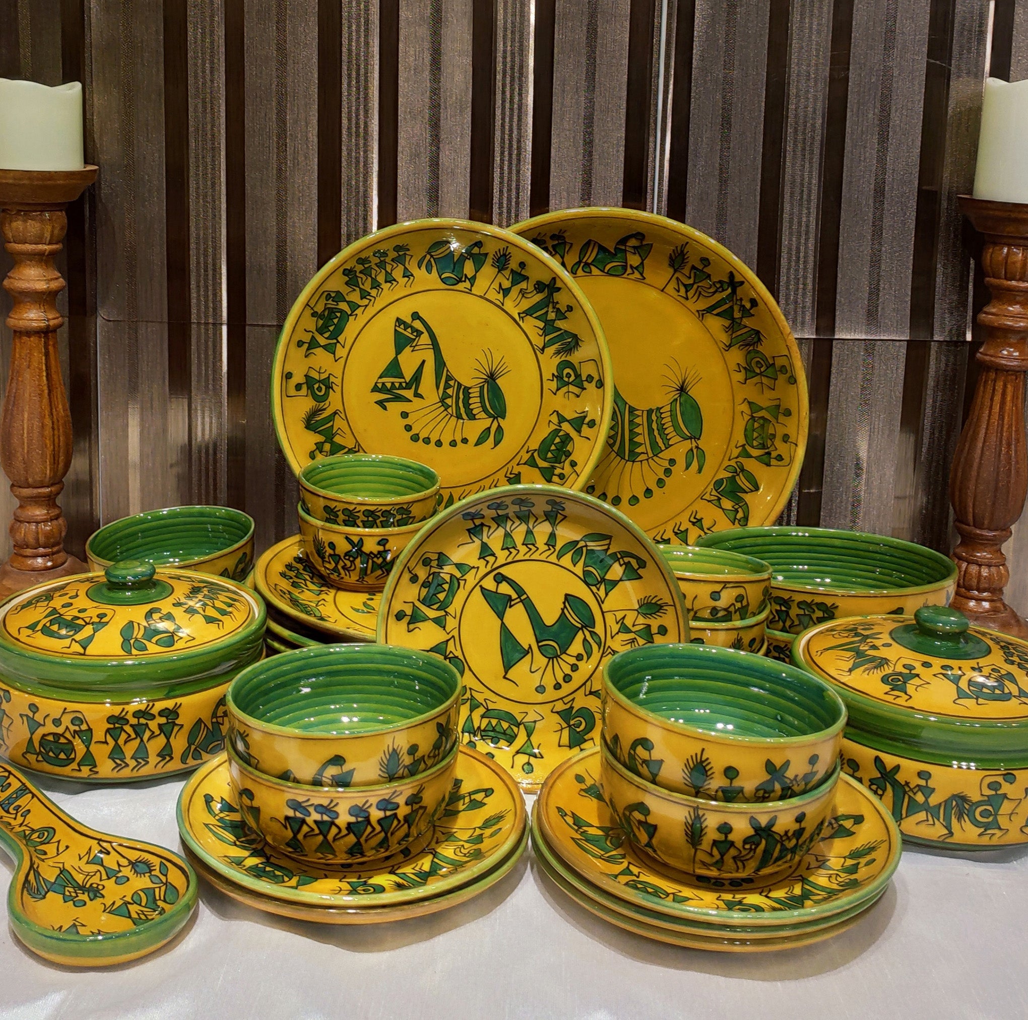 Warli Art Yellow/Green Ceramic Dinning Set of 28 Rs.17932