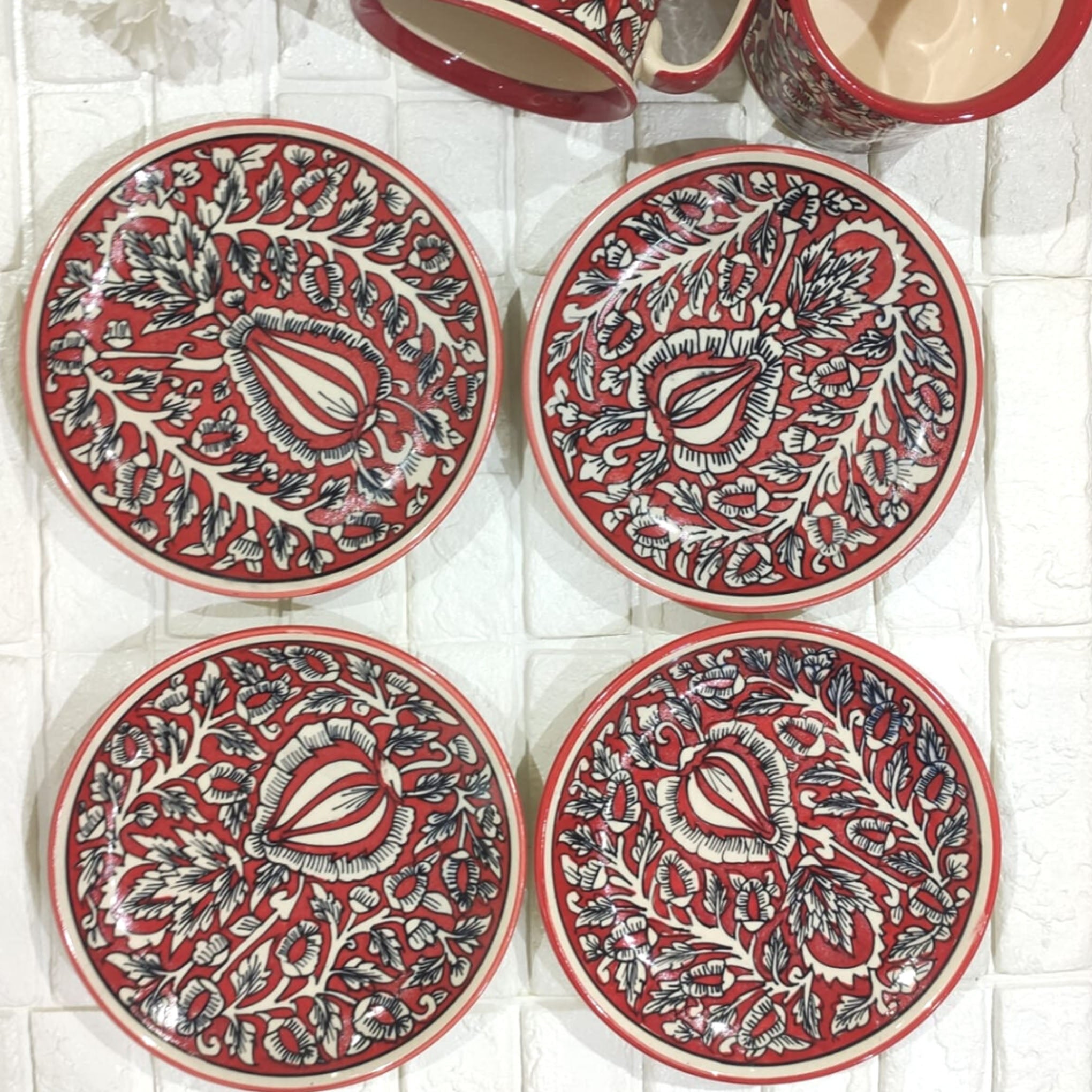 Ceramic Red Flower Snack Plate (Set of 4)