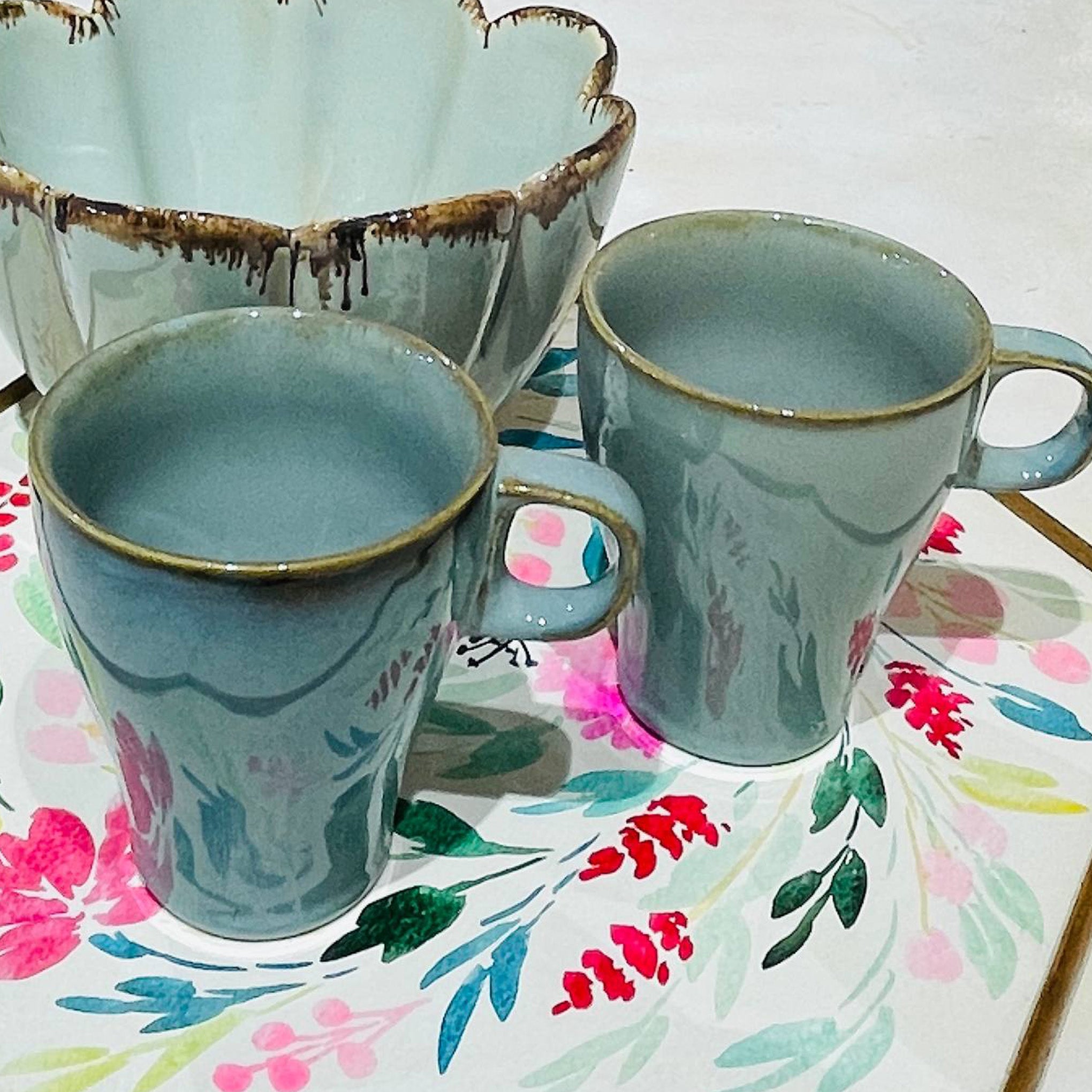 Sea Green Glazed Ceramic Mugs (Set of 4)
