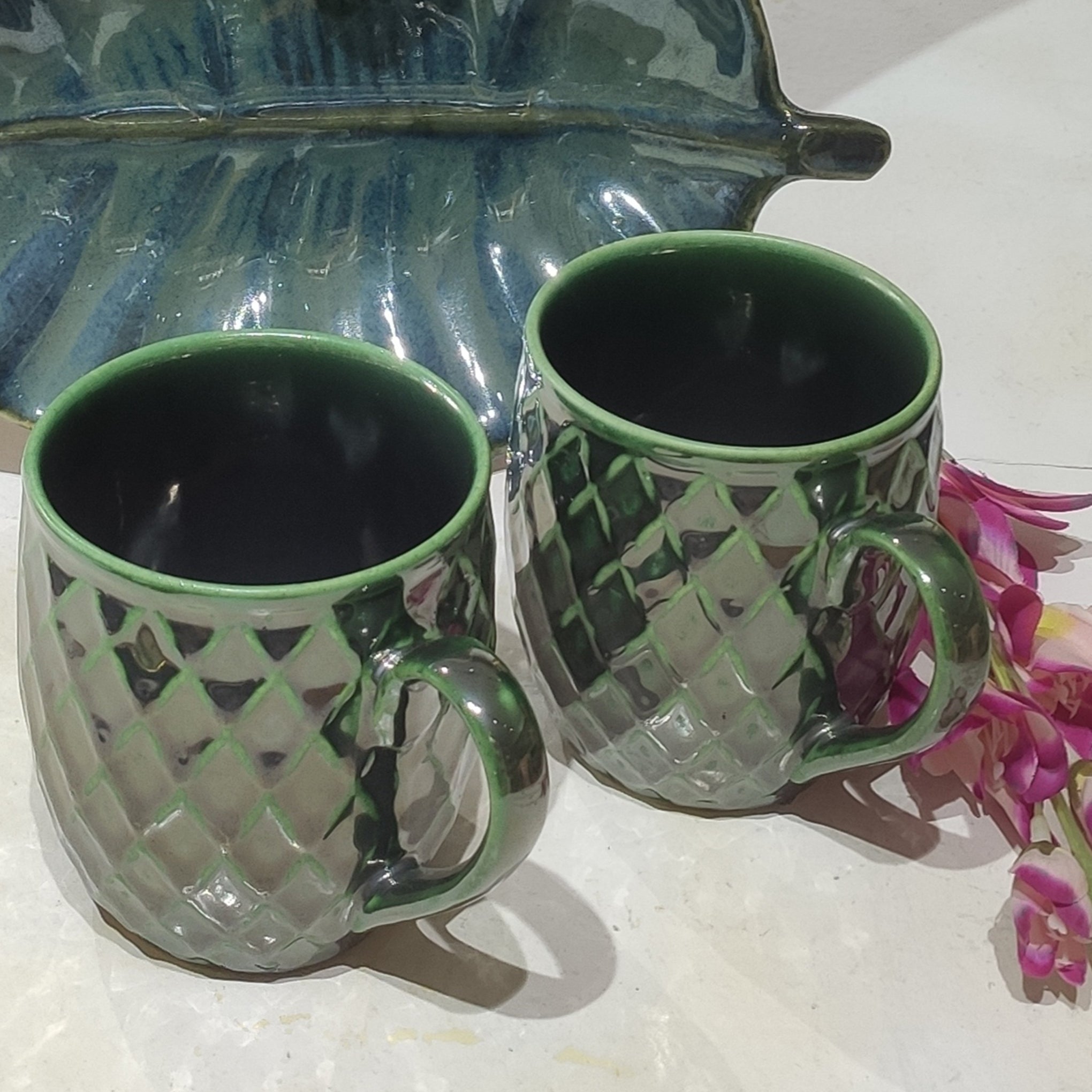 Vintage Green Ceramic Mugs (Set of 4)
