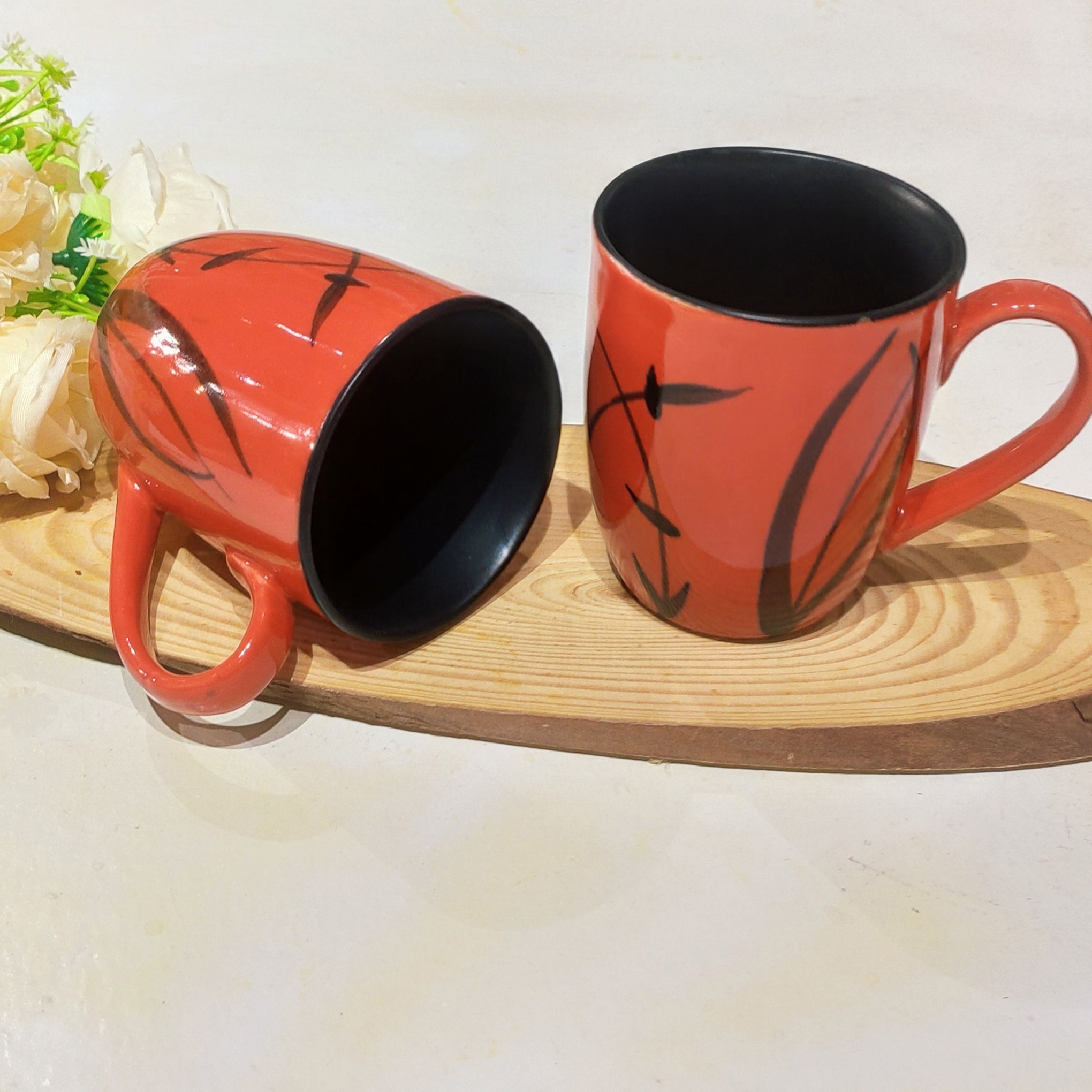Red-Black Leaf Mugs (Set of 4)