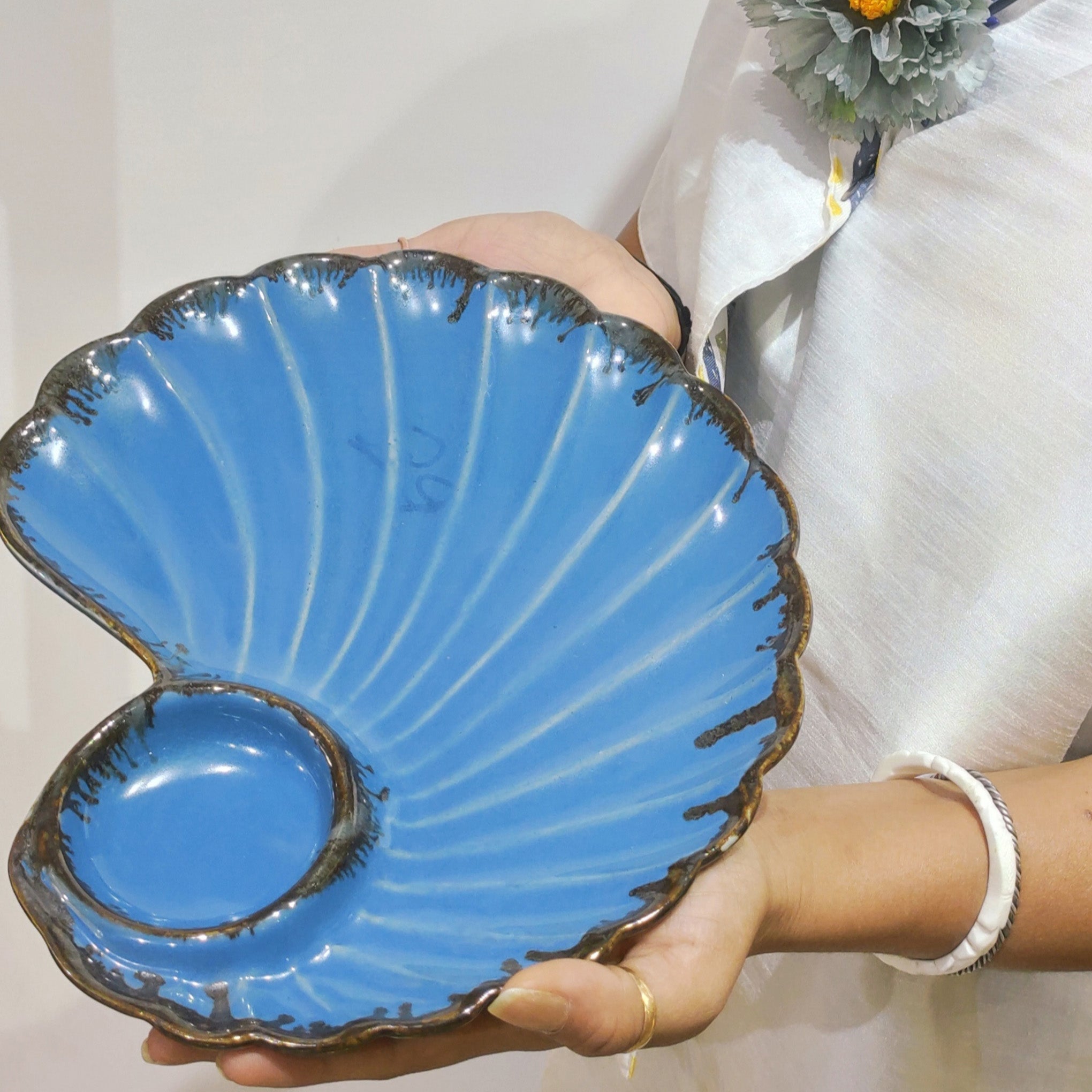 Blue Shell Handcrafted Chip N Dip Ceramic Serving Platter