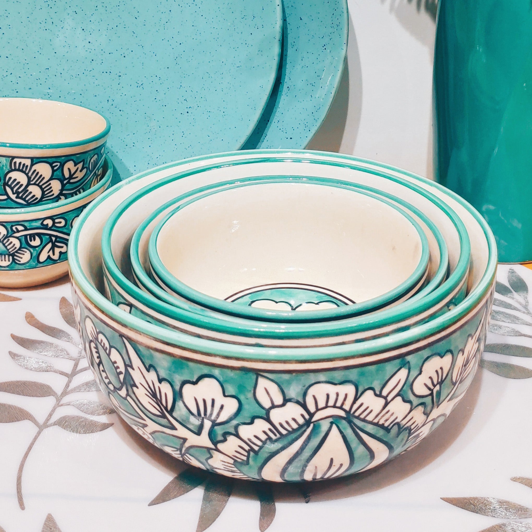 Blue Printed Ceramic Serving Bowls (Set of 4)