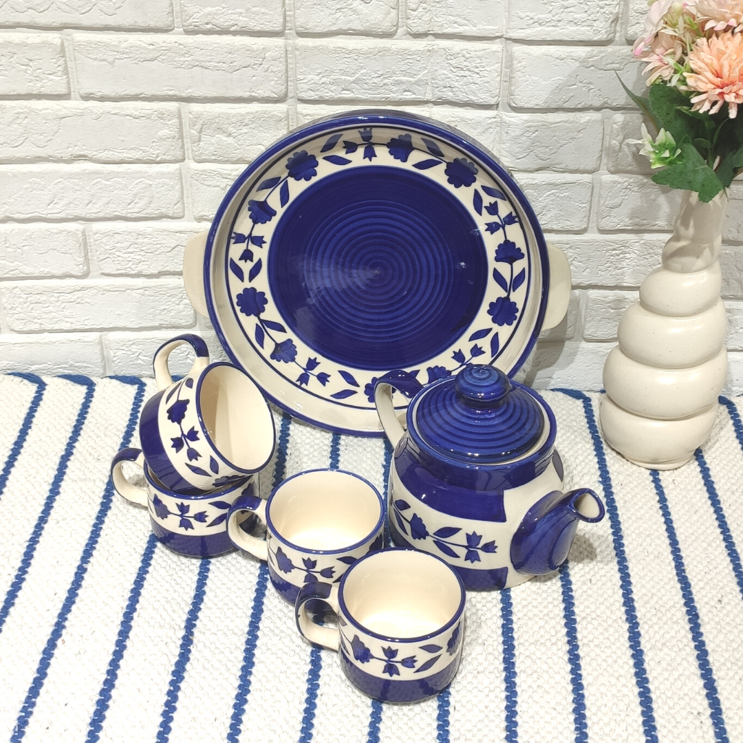 Blue Ceramic Kettle Tray Set (Set of 6pcs)