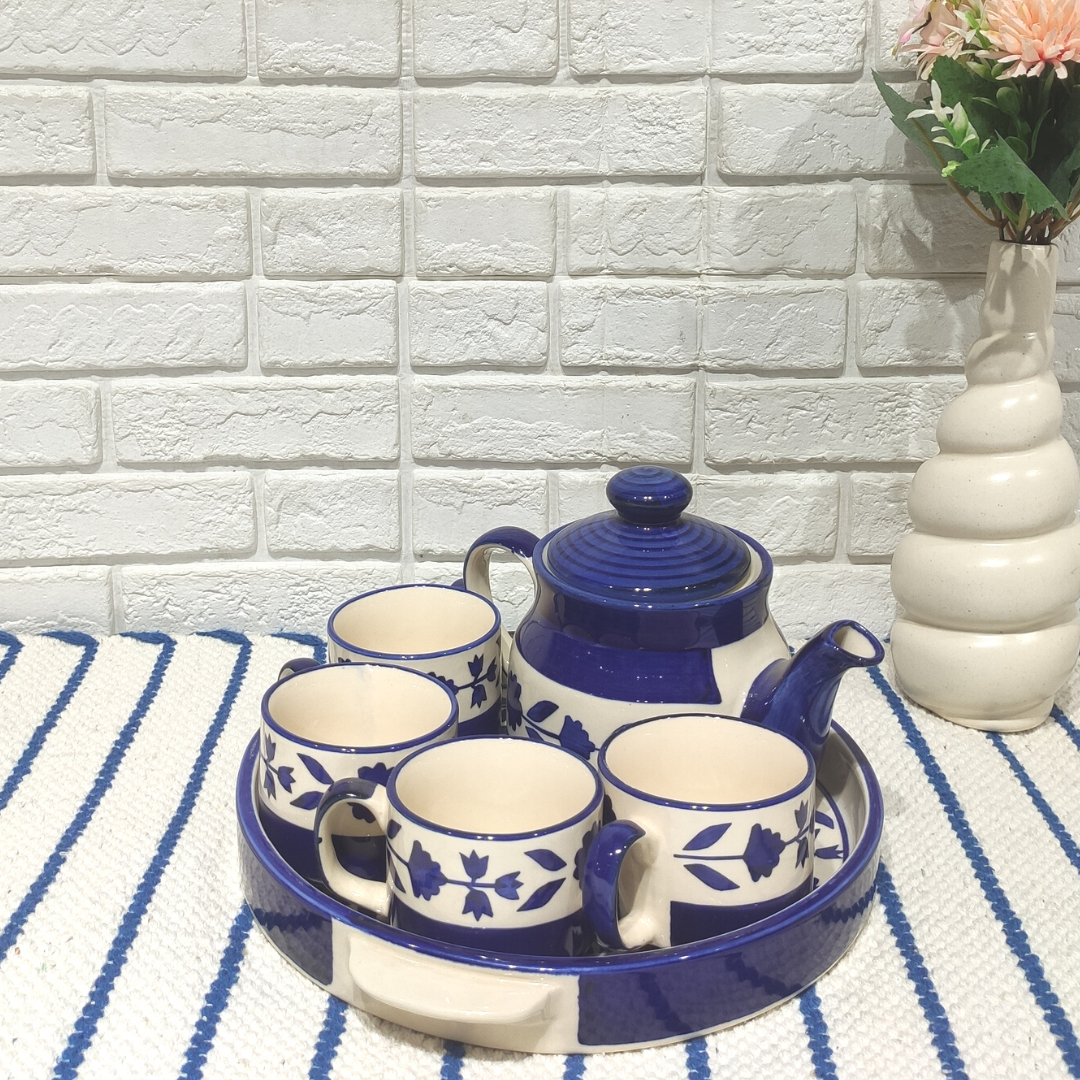 Blue Ceramic Kettle Tray Set (Set of 6pcs)